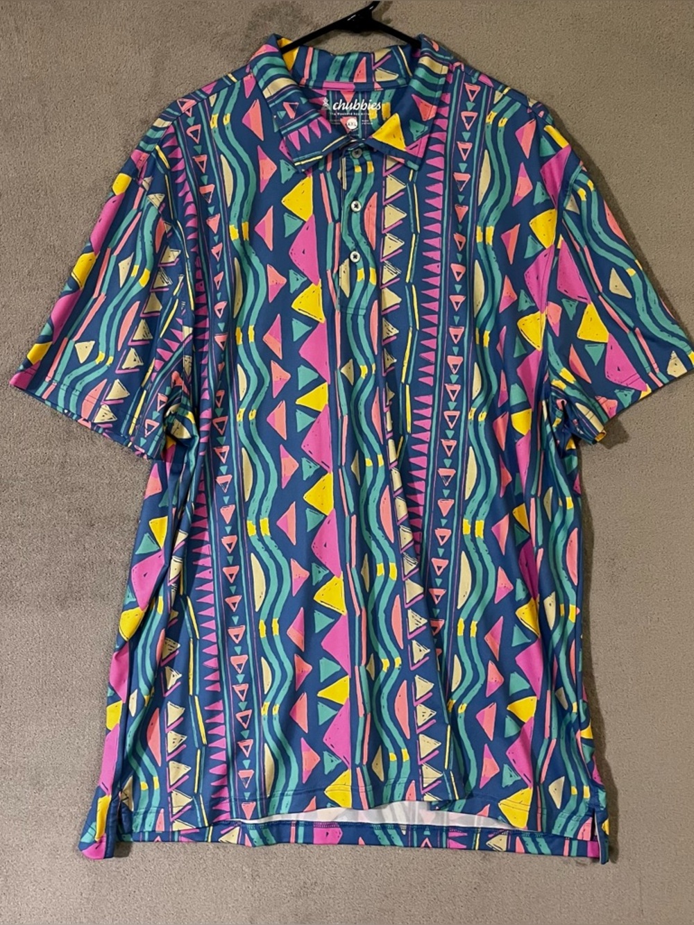 chubbies Short Sleeve Polo Shirt in Teal, Pink & Yellow Geometric Print Mens XXL